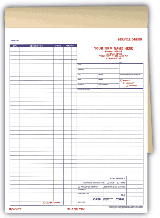 Large Booked Service Order Forms