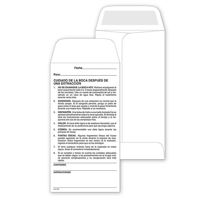 Envelope, Post Operative Instruction, Dental, Spanish