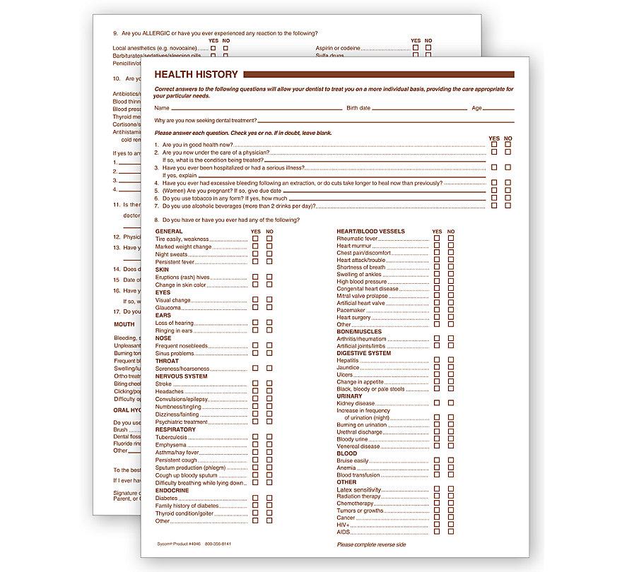 Dental Health History Questionnaires 2 Sided No Hole Punch