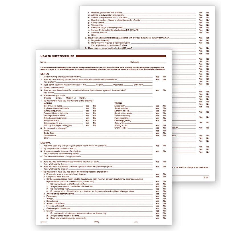 Dental Health History Questionnaires 2 Sided No Hole Punch