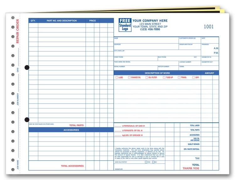 Repair Orders, Garage, Carbonless, Side-Stub, Large Format