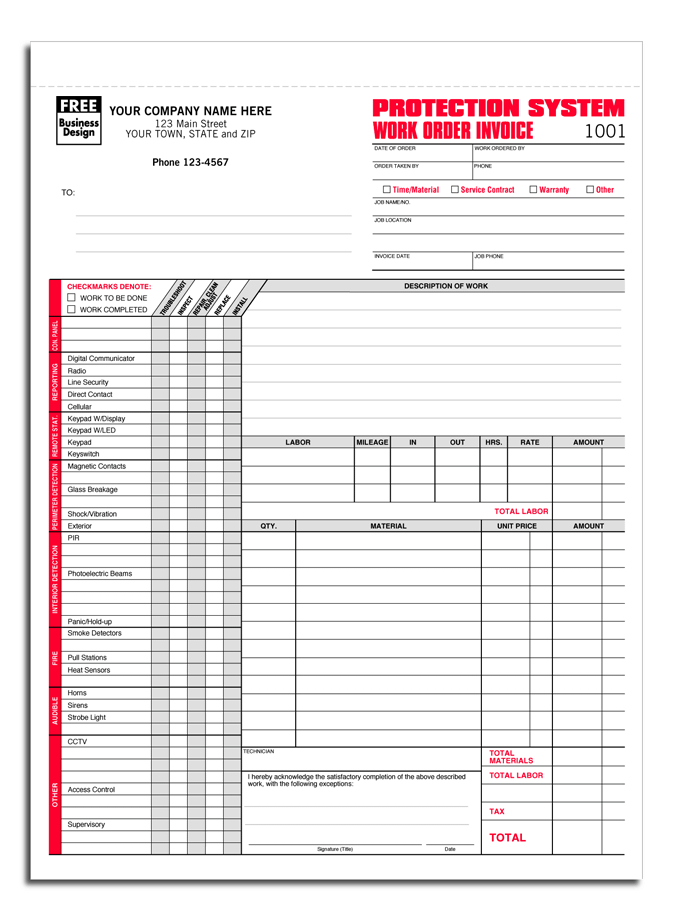 Protection System Work Invoice Forms