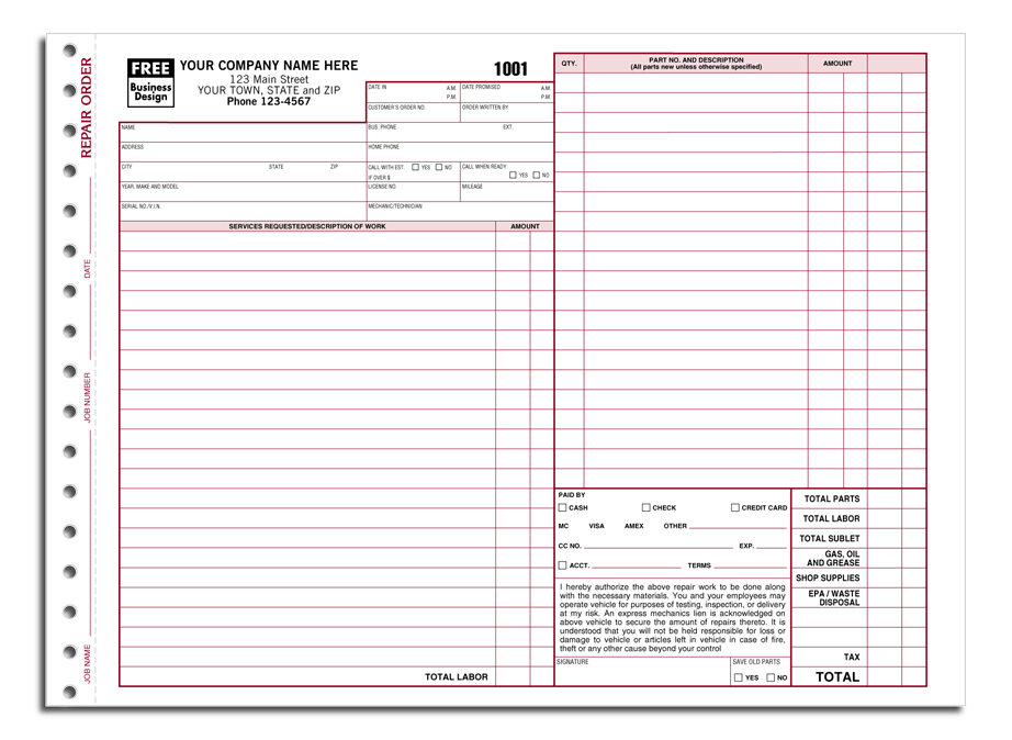 Auto Repair Order Forms, Carbonless
