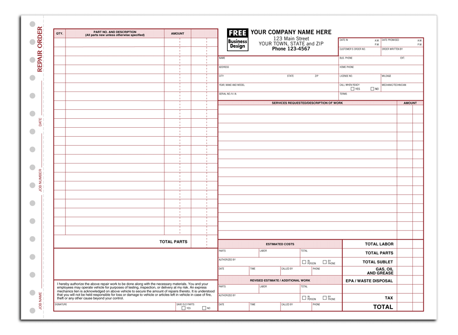 Auto Repair Order Forms