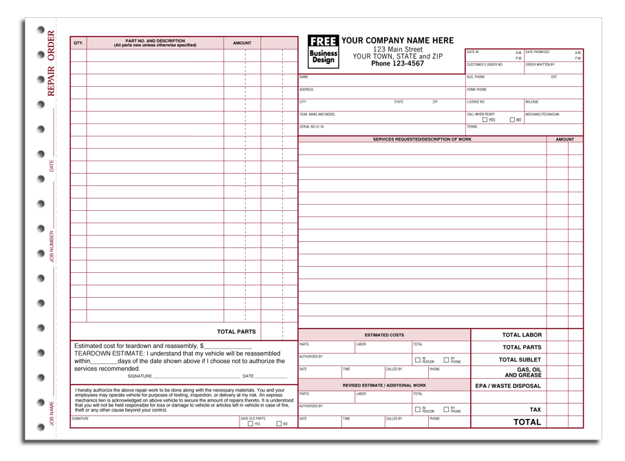 Large Auto Repair Order - California State