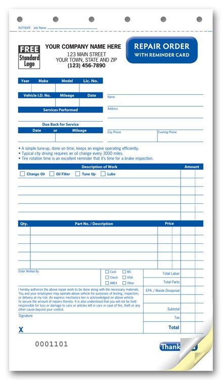 Carbonless Company Repair Order Forms