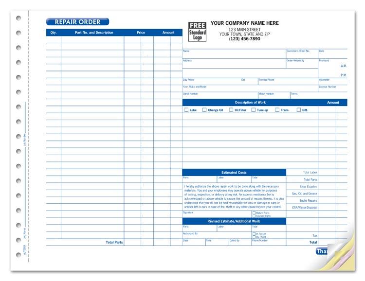 Large Garage Repair Order Forms
