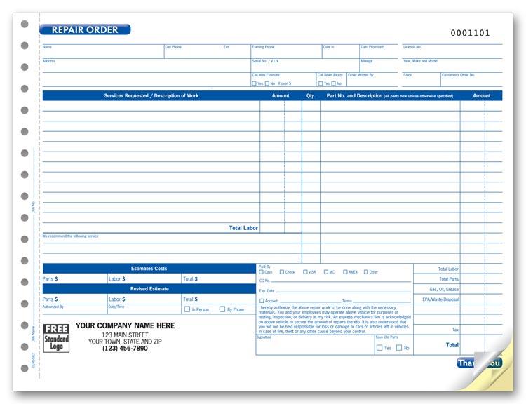 Repair Order With Key Tag, Carbonless