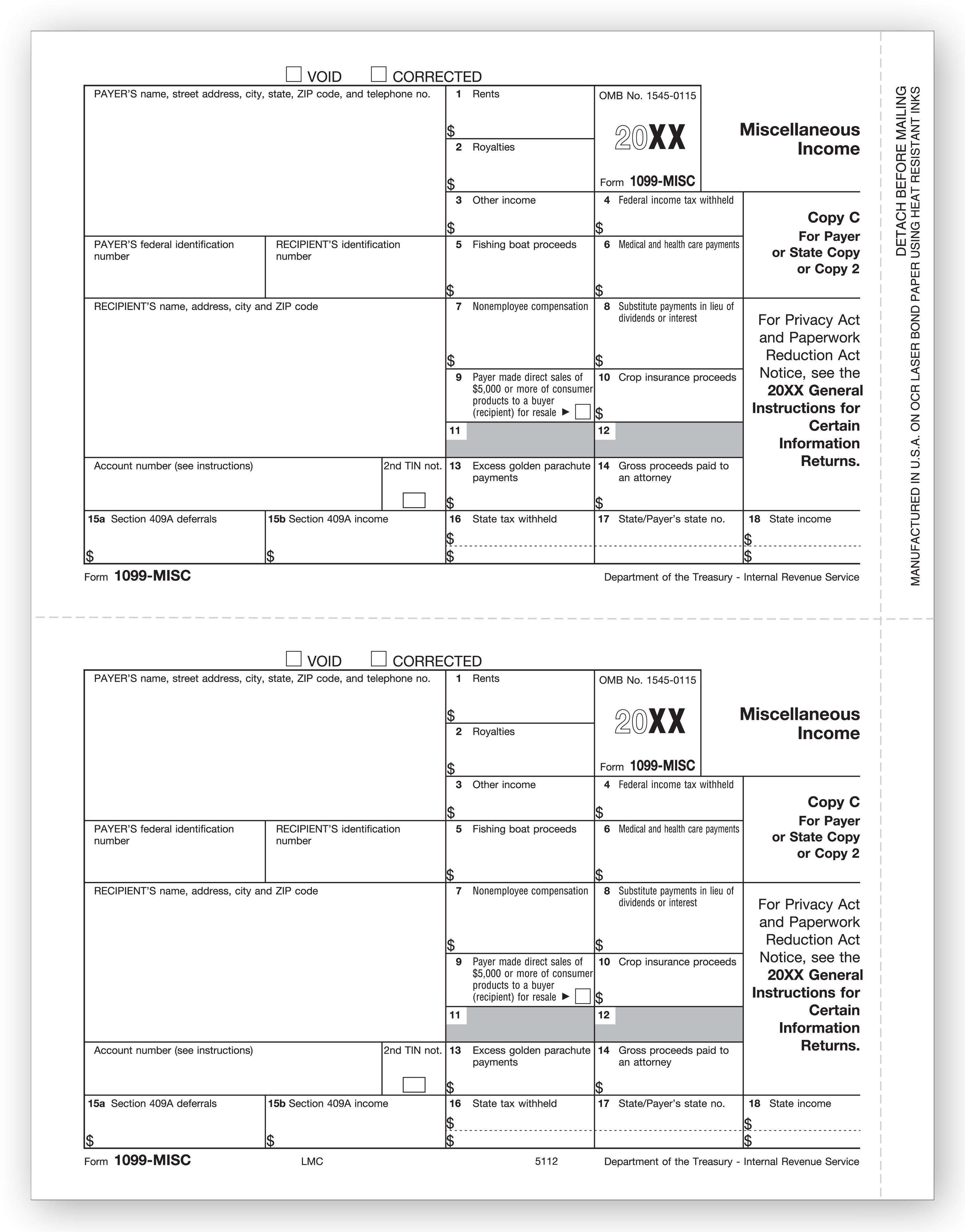 Laser 1099 MISC Income, Payer/State Copy C, Bulk