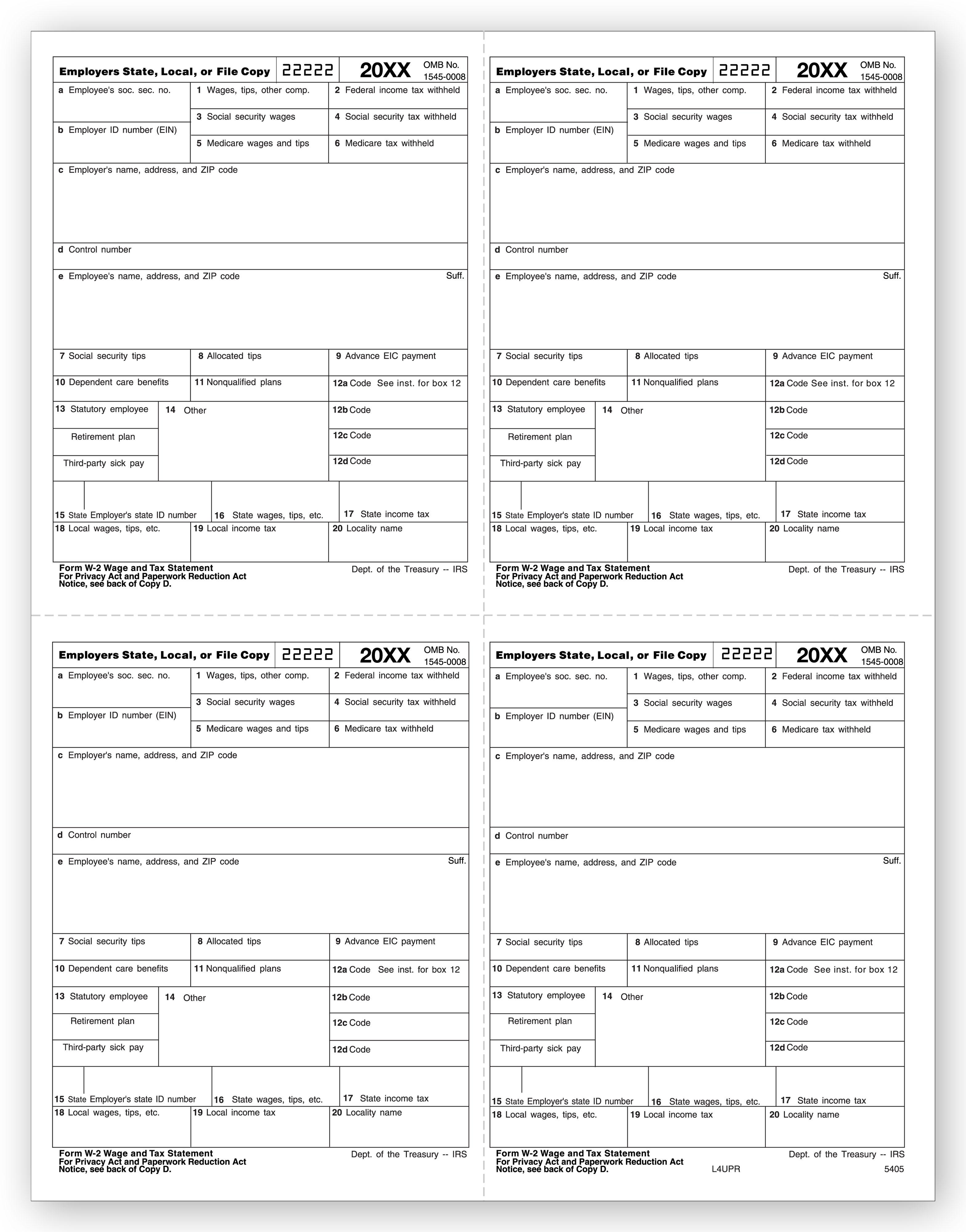 4 Up Laser W 2, Employer Copy, Bulk