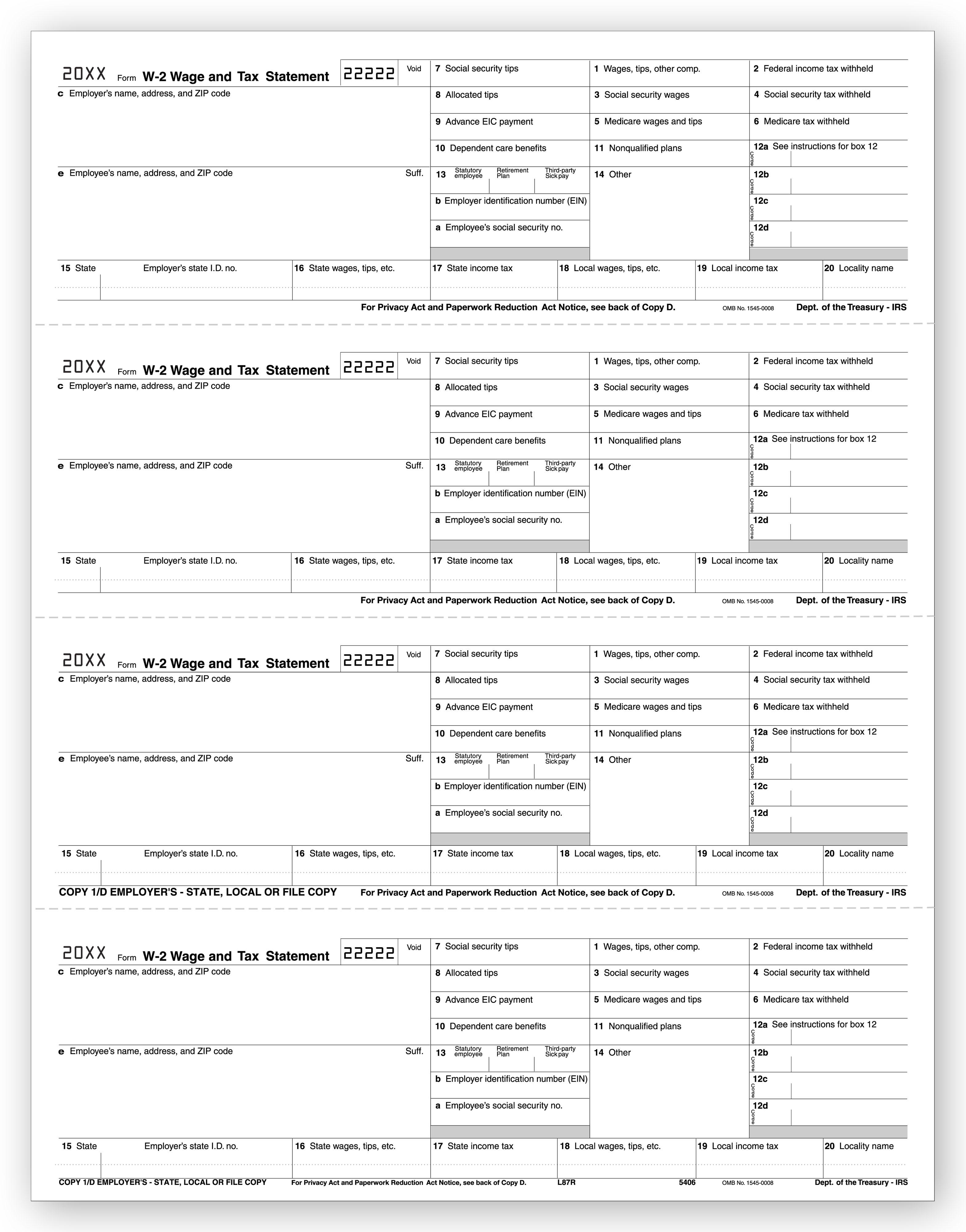 4 Up Laser W 2, Employer Copy, Horizontal Format, Bulk