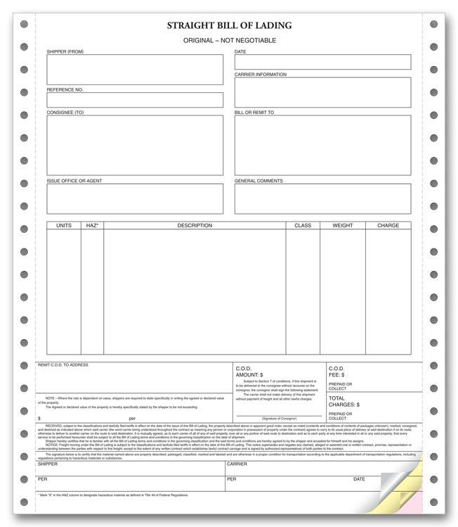 Straight Bill of Lading In Continuous Format