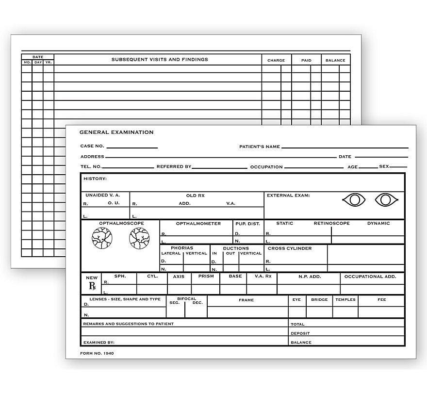 Optometry Record Card Two Sided 4" X 6"