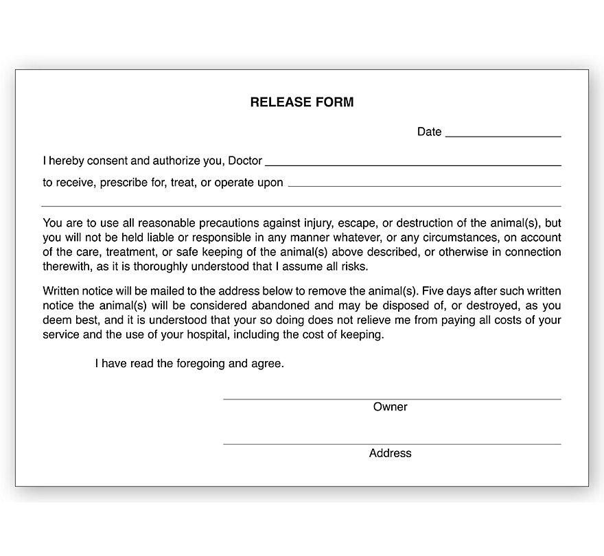 Veterinary Release Form Pads