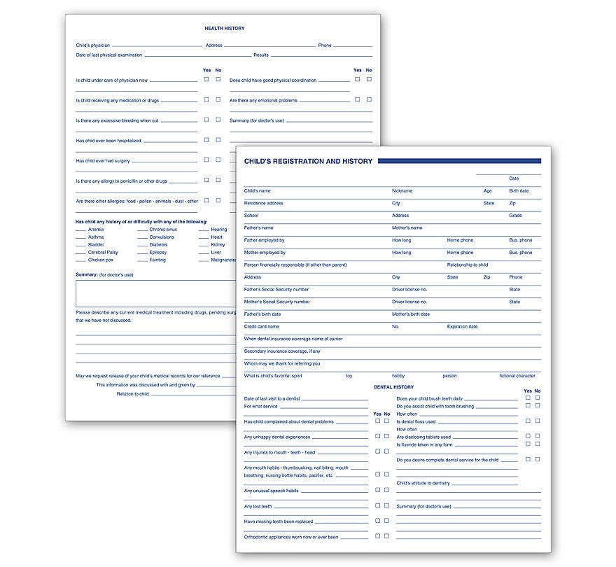 Dental Child Registration And History Forms 2 Sided