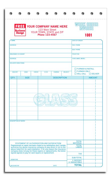 Glass Repair Work Order Invoice