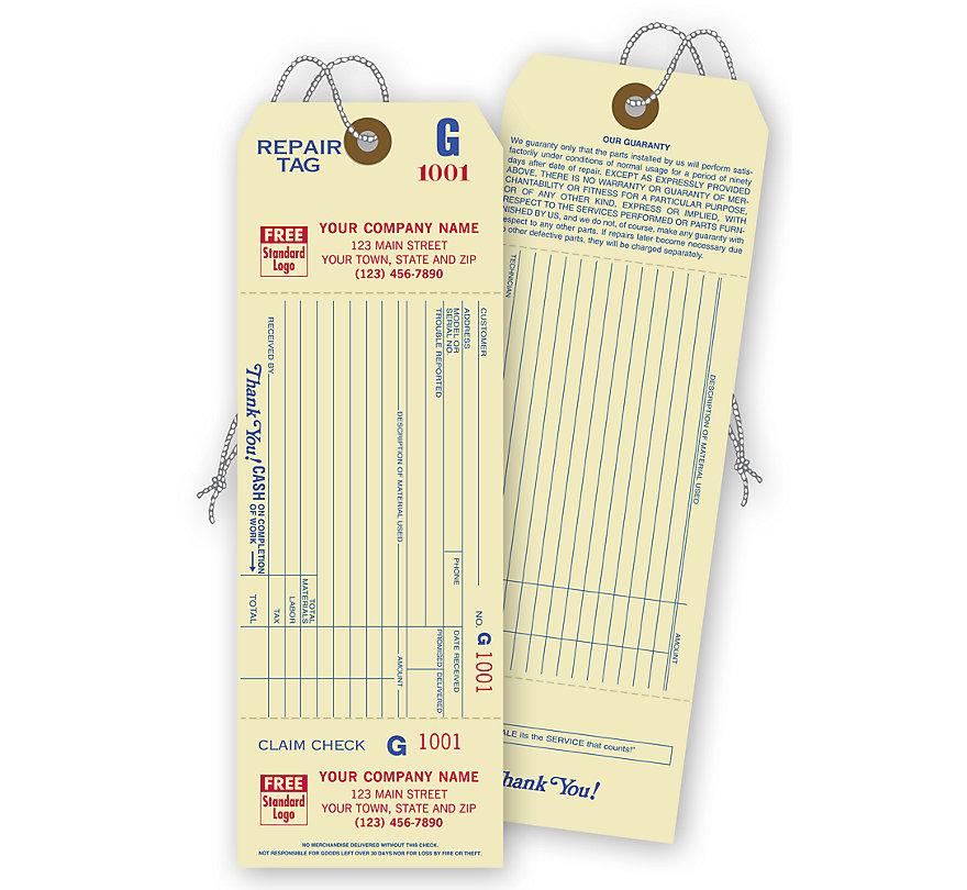 Repair Tags W/ Detachable Claim Check, 1 Part, Manilla