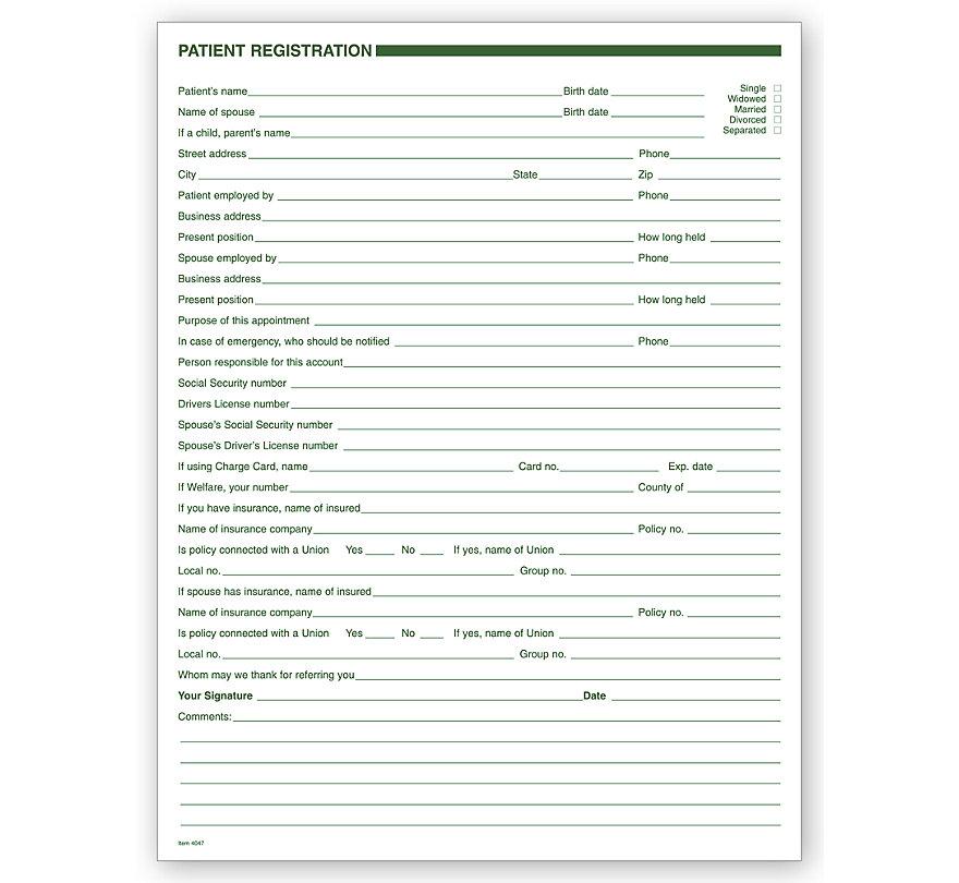 Dental Patient Registration Forms 1 Sided No Hole Punch