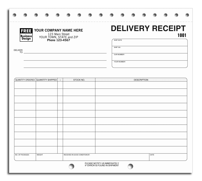 Preprinted Delivery Receipt Forms