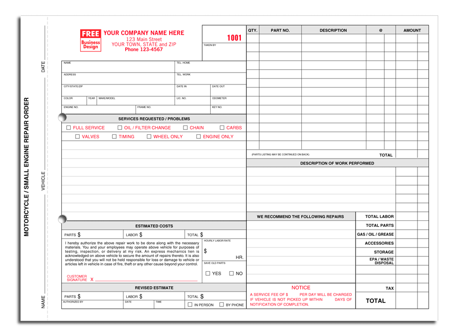 Motorcycle Repair Order Form