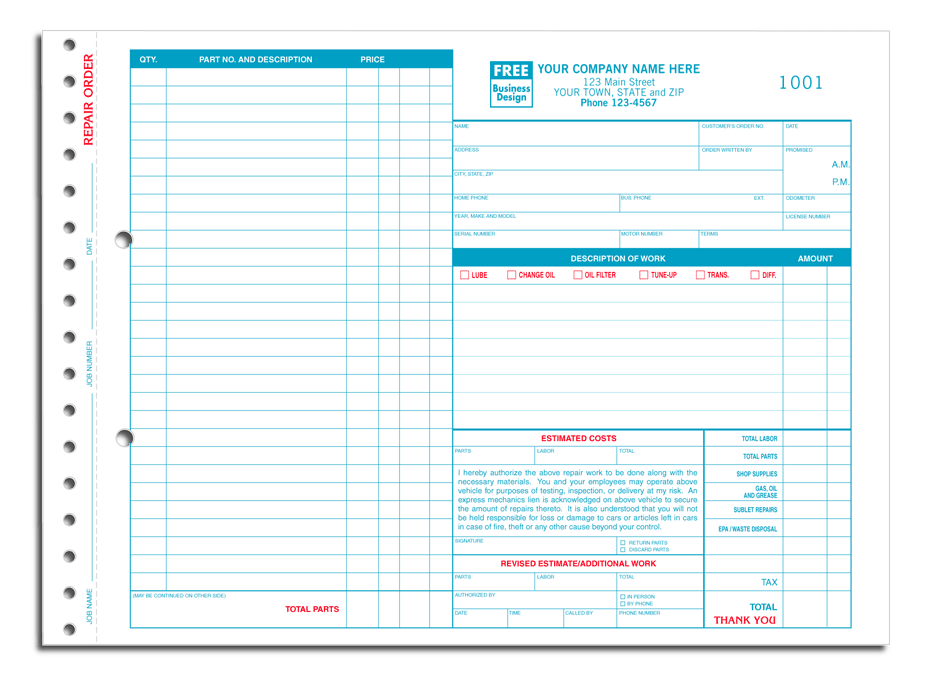 Auto Repair Estimate and Order Forms