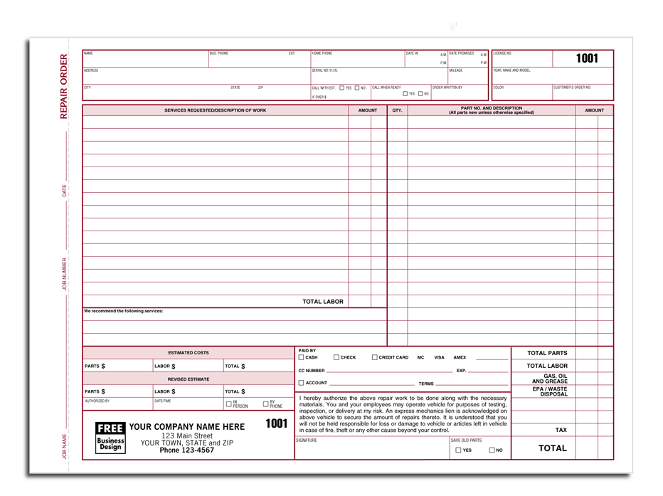 Auto Repair Order Forms with Key Tag