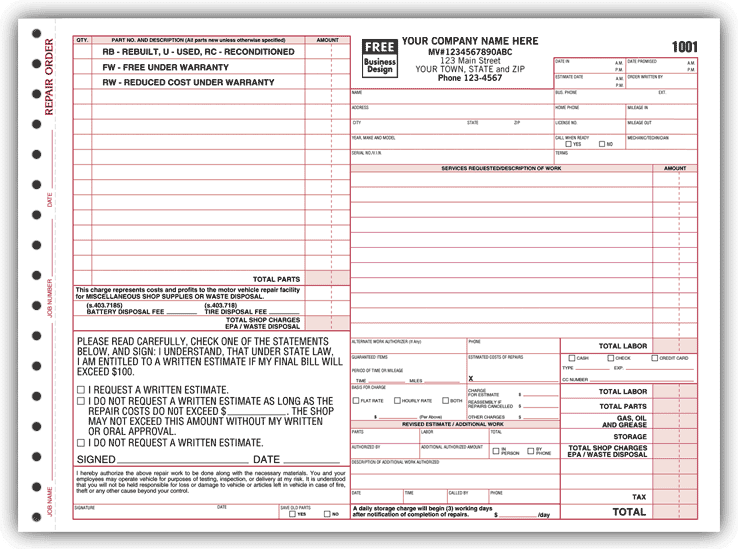 Large Auto Repair Order Form - Florida State