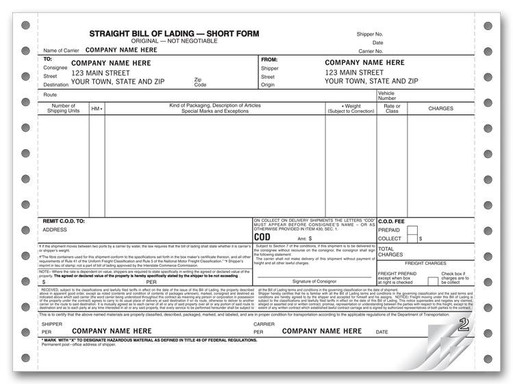 Continuous Straight Bill of Lading - Short Form