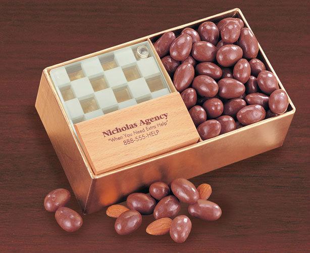 C124, AVE 40% - Four Piece Glass Coaster Set with Milk Chocolate Almonds