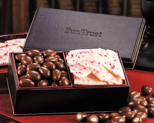 LB104 , Faux Leather Box with Chocolate Almonds & Peppermint Bark