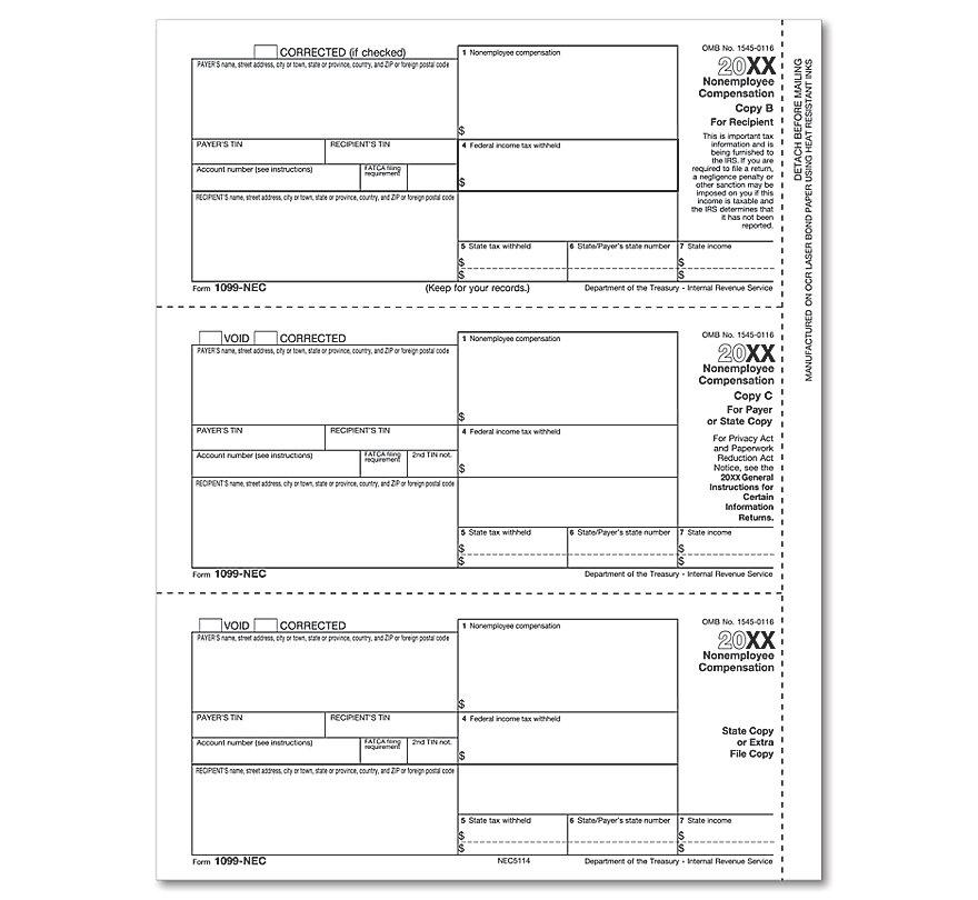 Bulk Laser 1099 NEC Recipient Copy B Payee & State / Copy C & State