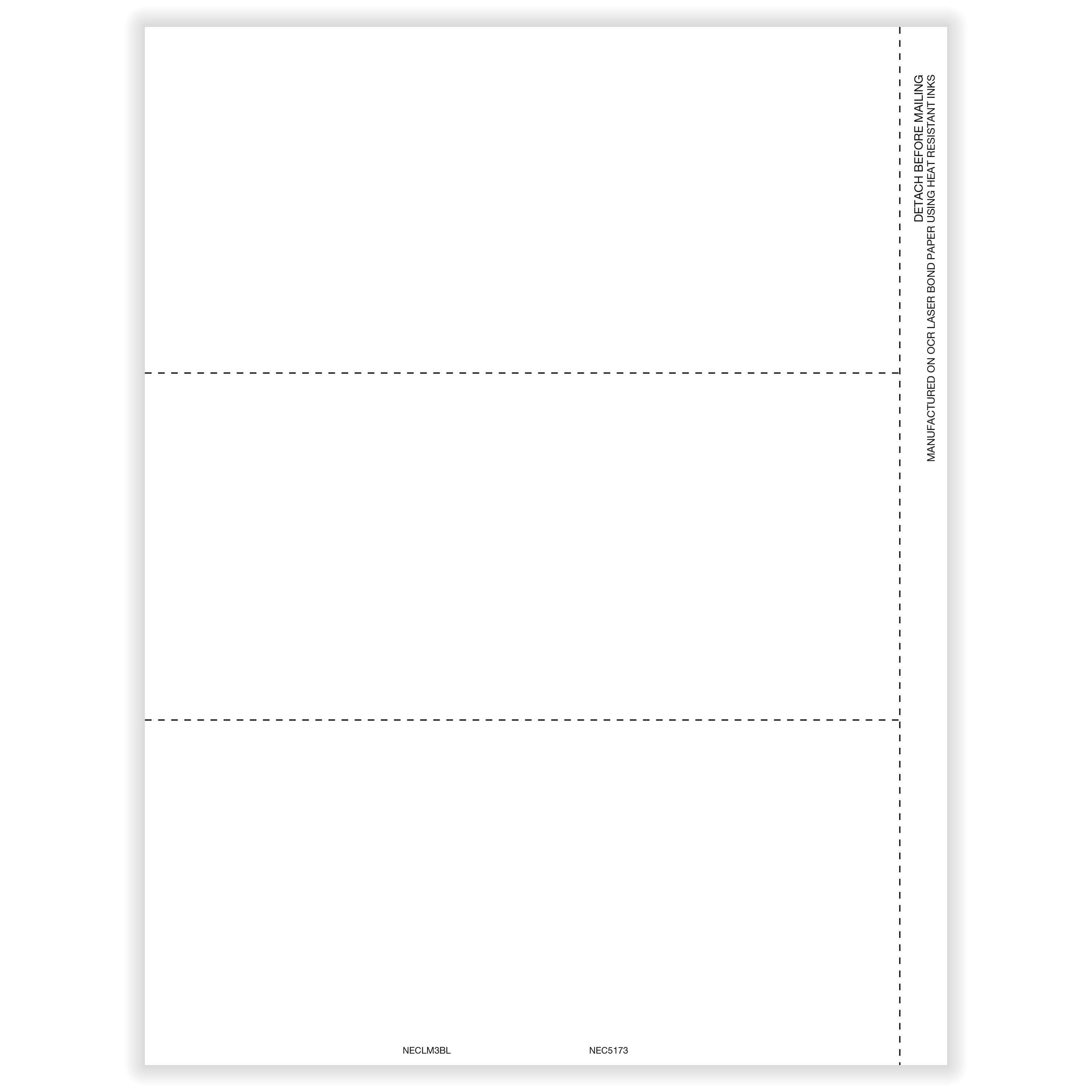 Laser 1099 NEC 3Up Blank Copy B Backer Cut Sheet with Stub
