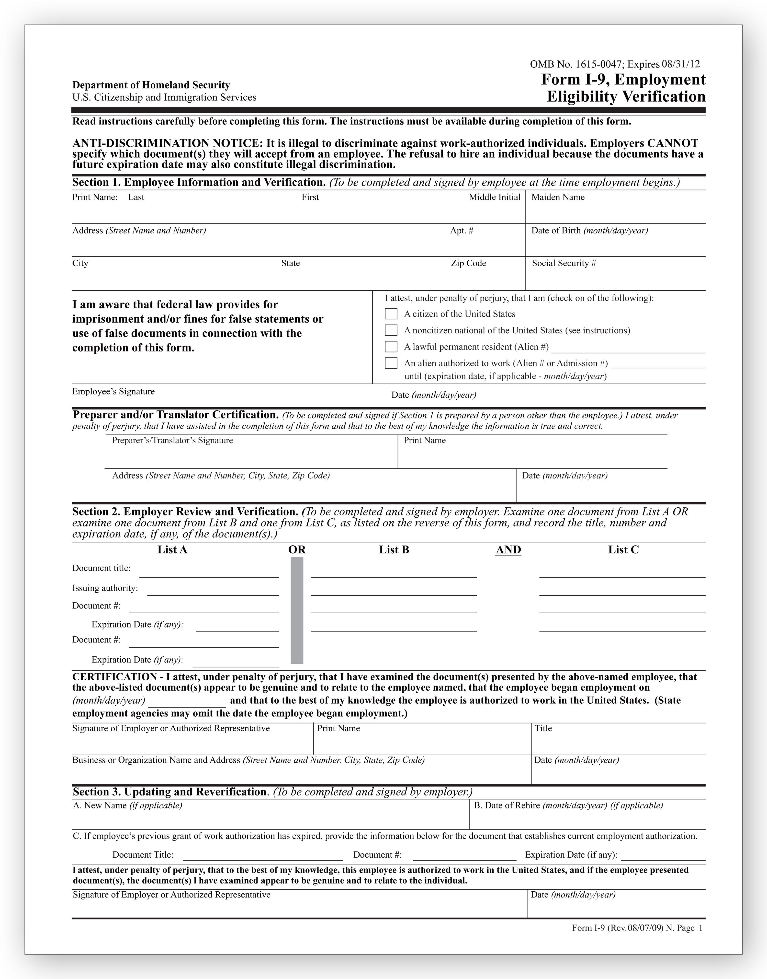 I 9 Employment Eligibility Verification