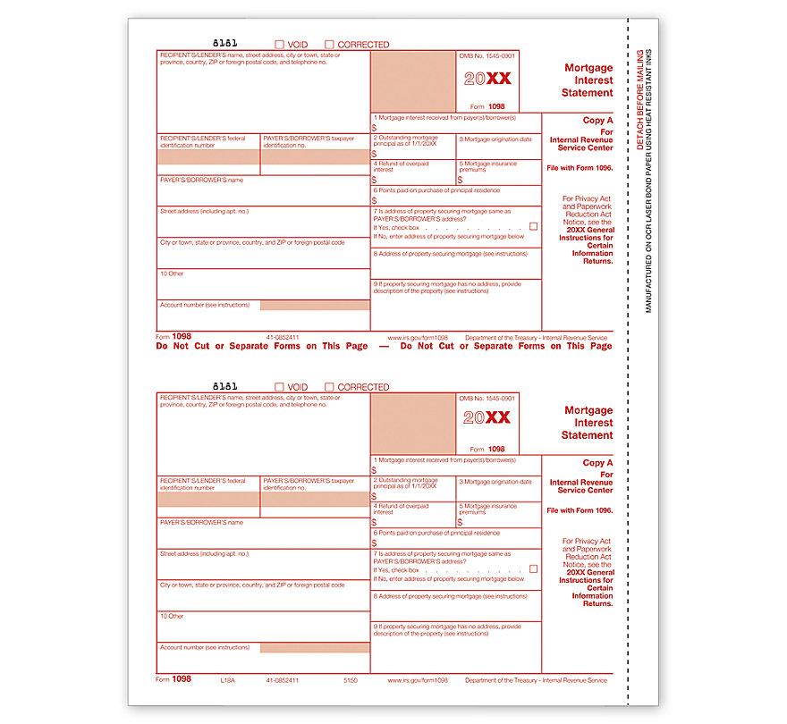Laser 1098 Mortgage Interest, Federal Copy A, Bulk