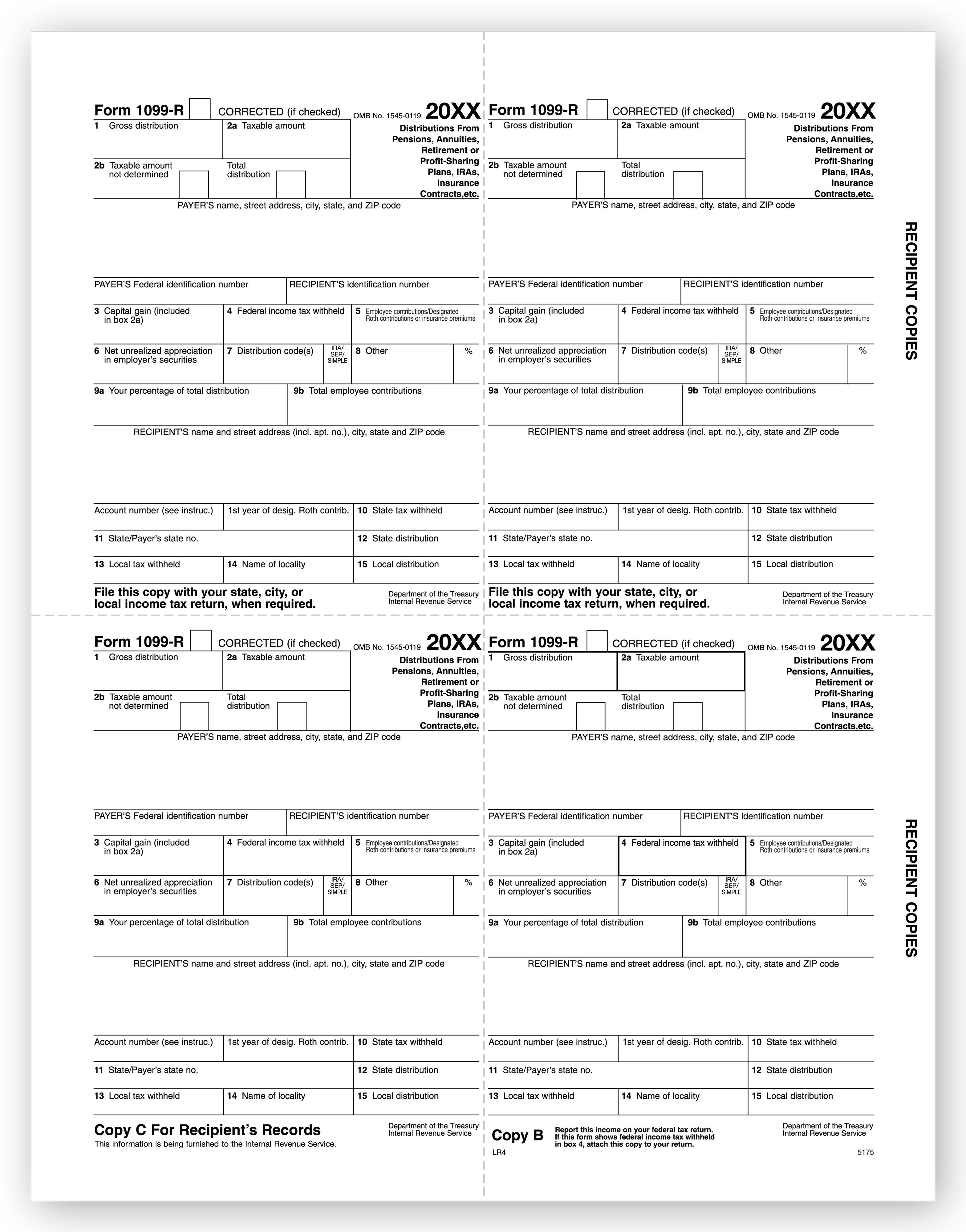4 Up Laser 1099 R, Recipient Copy B, C, 2, Bulk