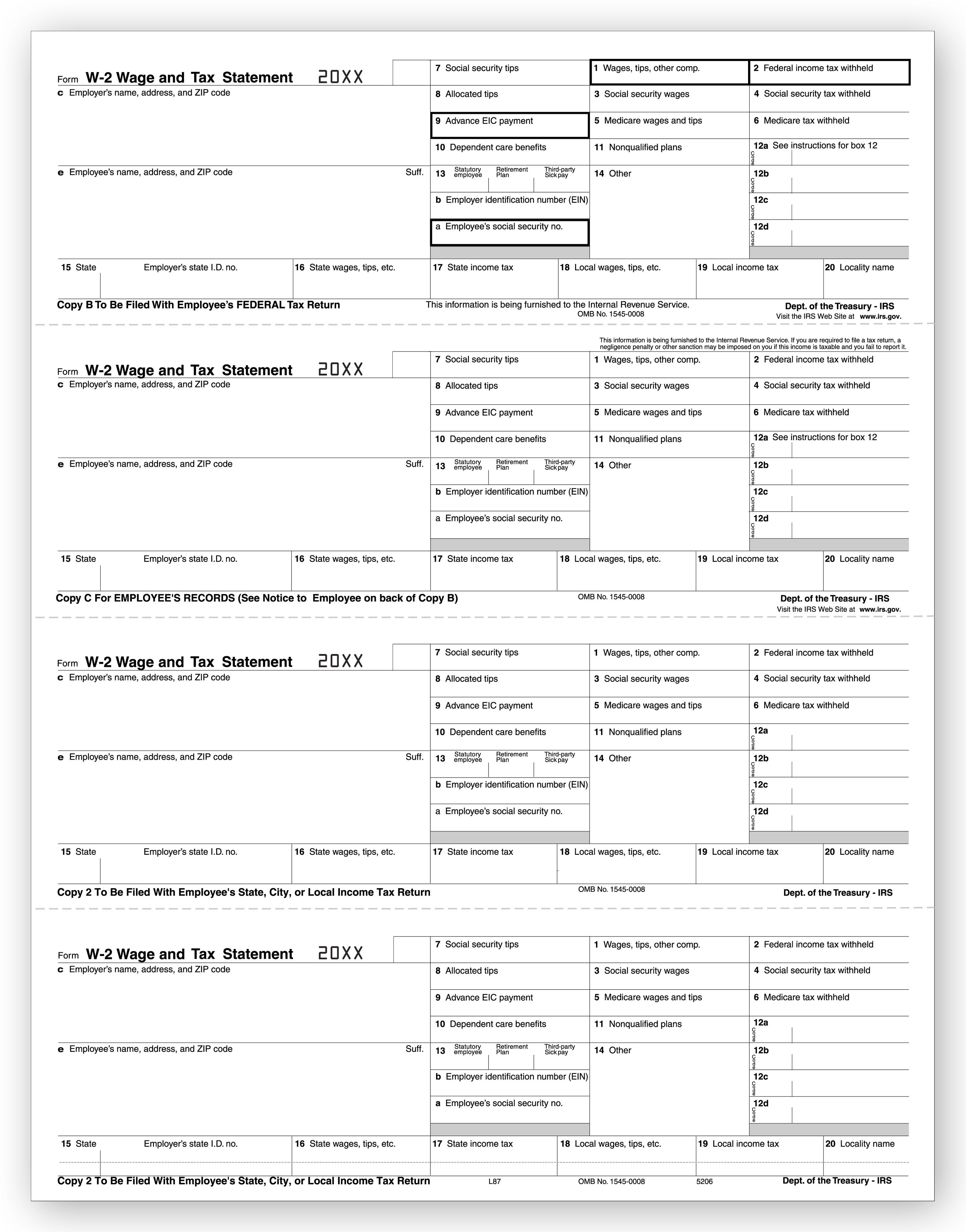 4 Up Laser W 2, Employee Copy, Horizontal Format