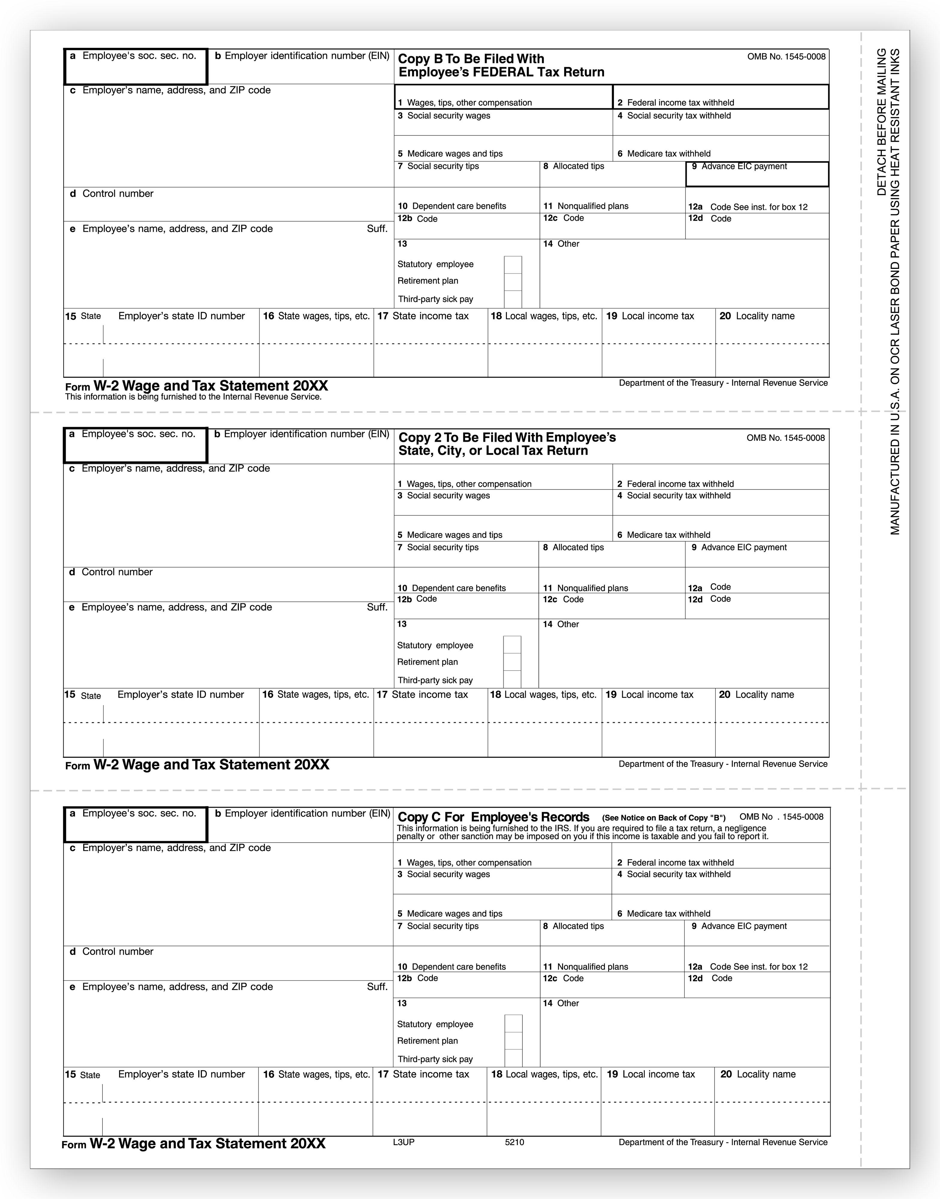 3 Up Laser W 2, Employee Copy, Horizontal Format, Bulk
