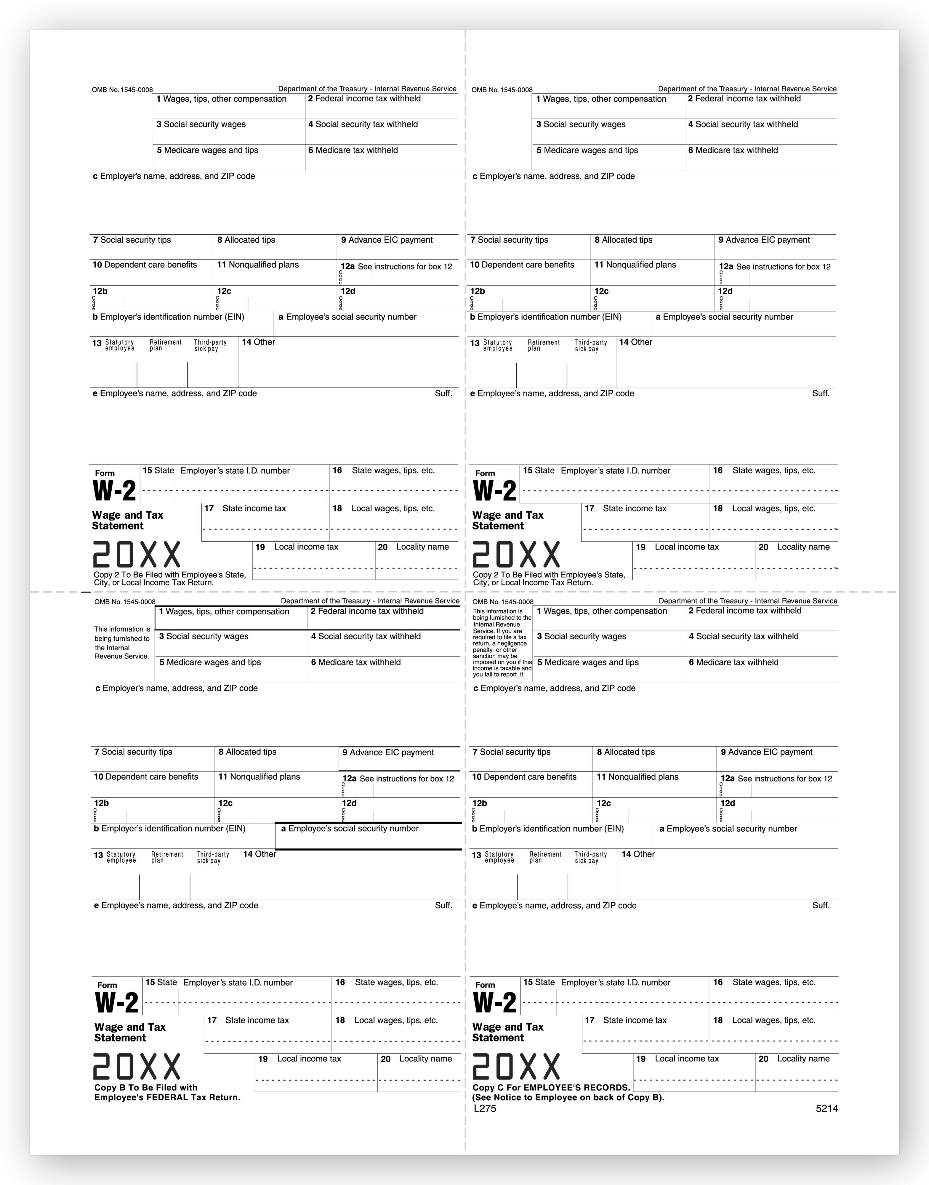 4 Up Laser W 2, Employee Copy, M Style