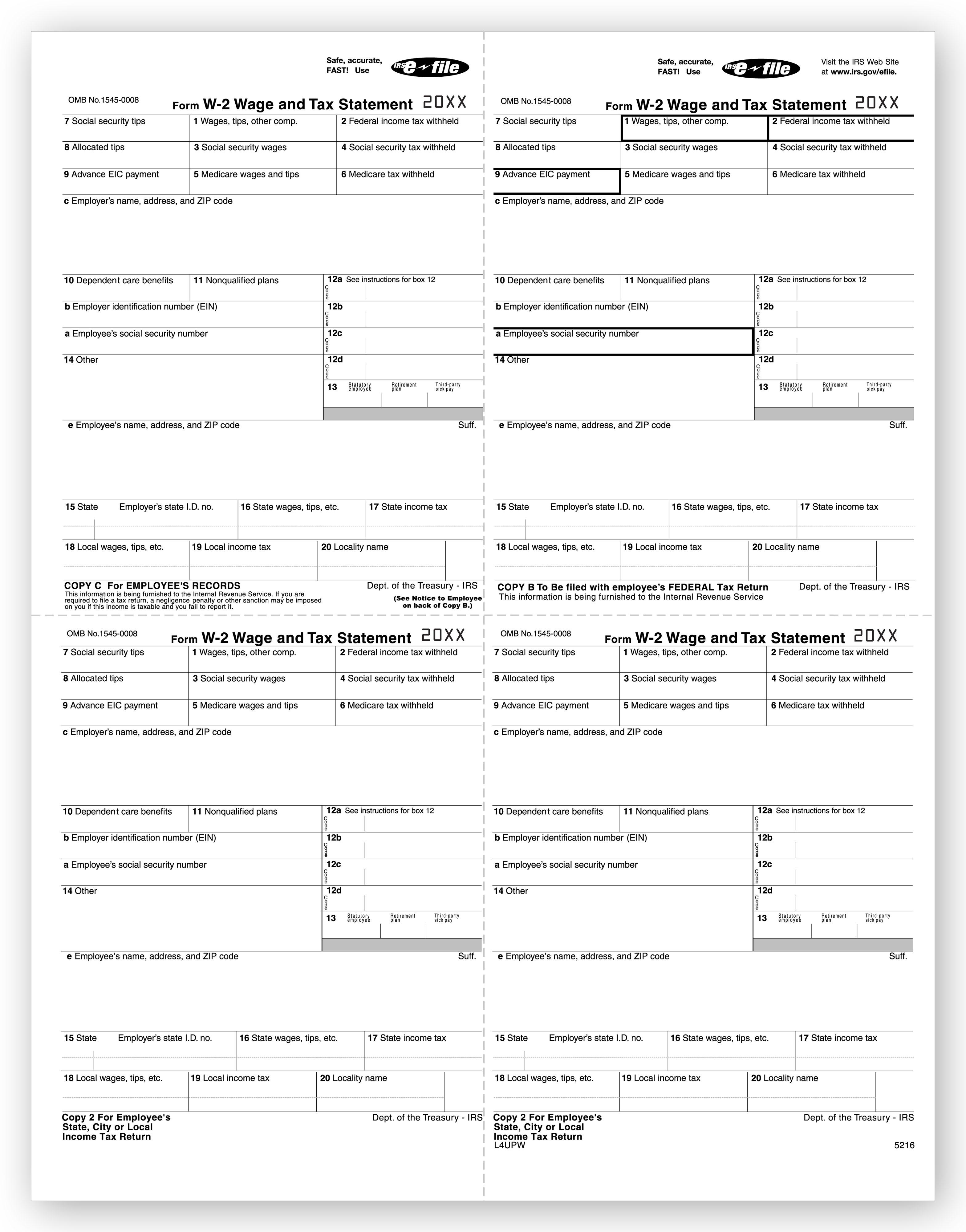 4 Up Laser W 2 , Employee Copy, W Style, Bulk