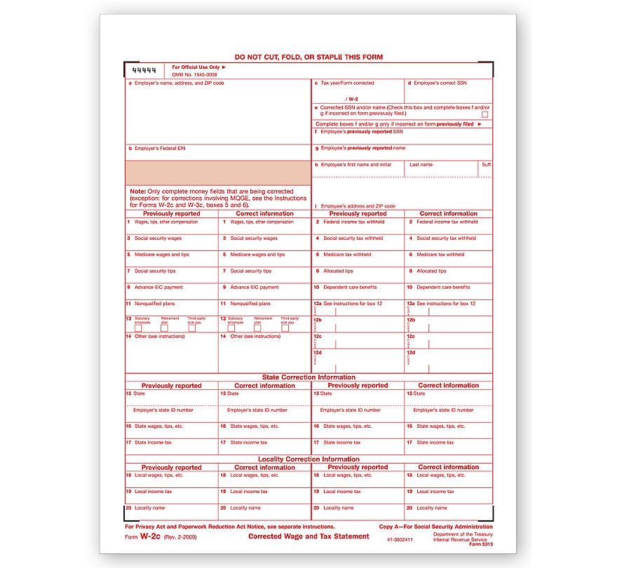 Laser W 2C Corrected Wage & Tax Statement, SSA Copy A
