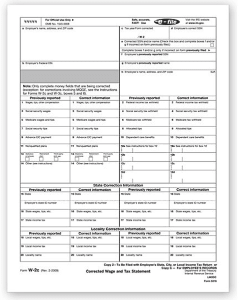 Laser W 2C Corrected Wage, Employee Copy 2 or C