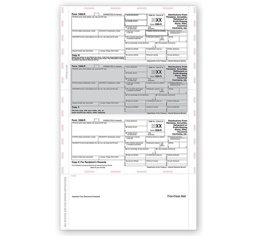 14" 3-UP LASER 1099-R, HORIZONTAL FORMAT, PRESSURE SEAL