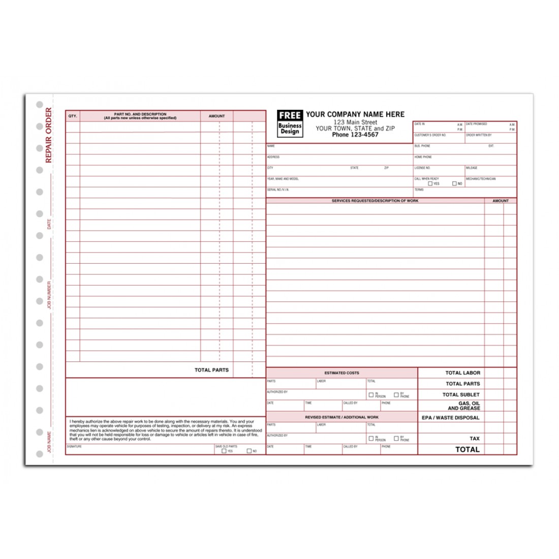 Compact Repair Order Forms for Auto Repair Shops
