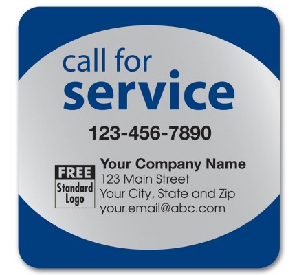 Call for Service Label on Silver Poly Top & Bottom Navy Trim 