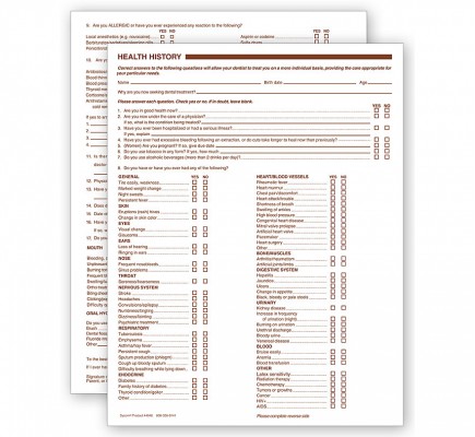 Dental Health History Questionnaires 2 Sided No Hole Punch 
