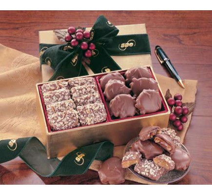  Gold Gift Box with English Butter Toffee & Pecan Turtles  (CR160) - Gift Boxes  - Promotional Food Gifts  