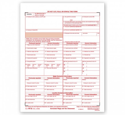 Laser W 2C Corrected Wage & Tax Statement, SSA Copy A 