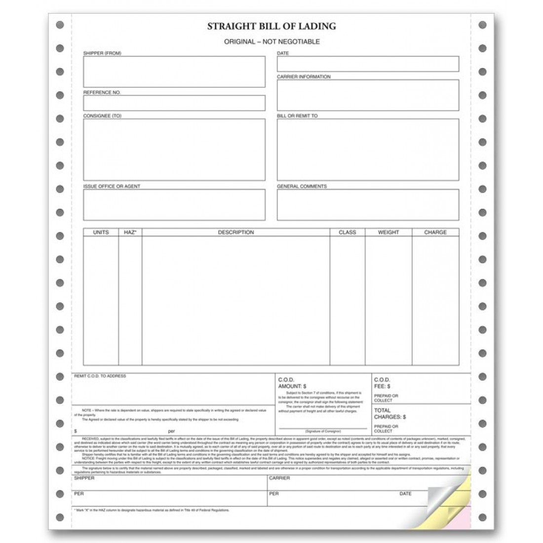 Straight Bill of Lading In Continuous Format Free Shipping