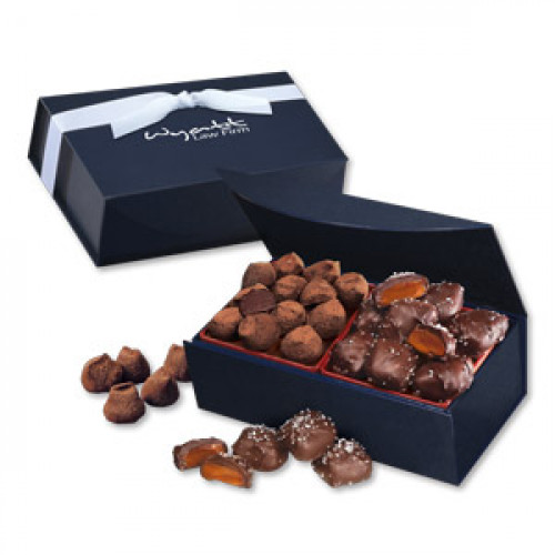 Chocolate Sea Salt Caramels & Cocoa Dusted Truffles in Navy Magnetic Closure Box 