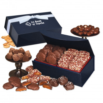 English Butter Toffee & Caramel Pecan Clusters in Navy Magnetic Closure Box